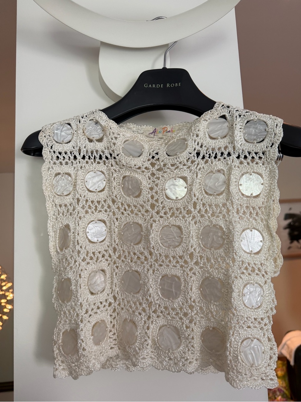 Cream Crochet Shell Top with Mother-of-Pearl Discs